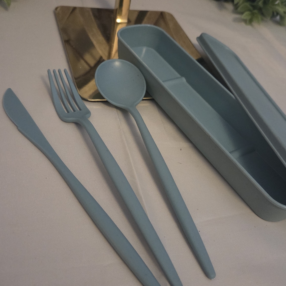 Reusable Travel Utensil Set With Case Blue Eco Friendly Lunch Cutlery Set